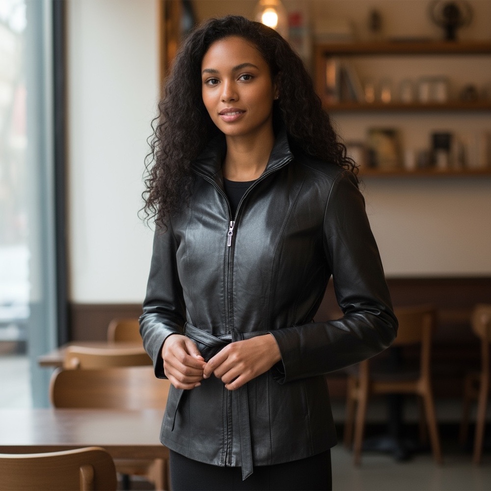 Vintage Black Leather Trench Jacket From Worthington Belt Zipper Pockets Classic